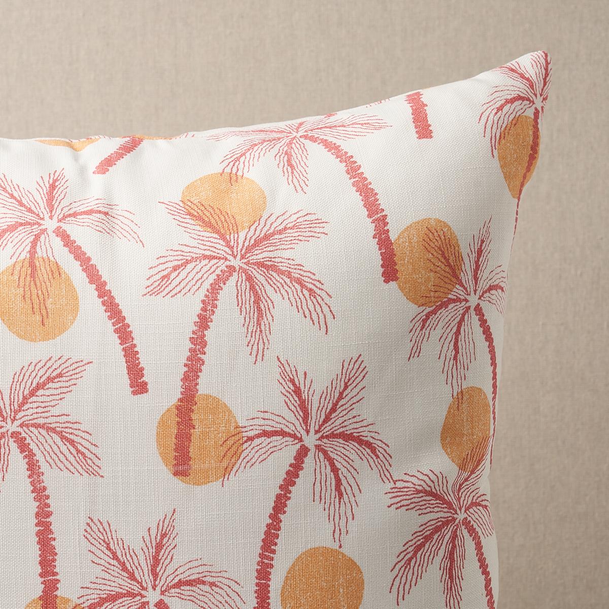 This pillow features Clarabella Palm Indoor/Outdoor with a knife edge finish. Based on an artisanal hand block pattern by designers Anna Martinez and Kristin Villatuya of Dioscvri, Clarabella Indoor/Outdoor fabric in citrus is a simple stylized palm