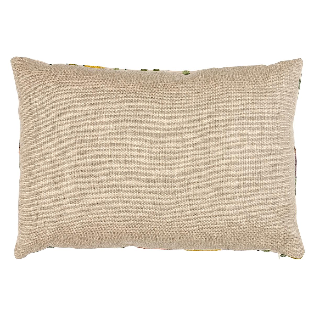 This pillow features Deco Flower Embroidery with a knife edge finish. Deco Flower Embroidery in multi is a lovely loose floral design inspired by a hand-embroidered documentary fabric in our archive. Body of pillow is Piet Performance Linen. Pillow