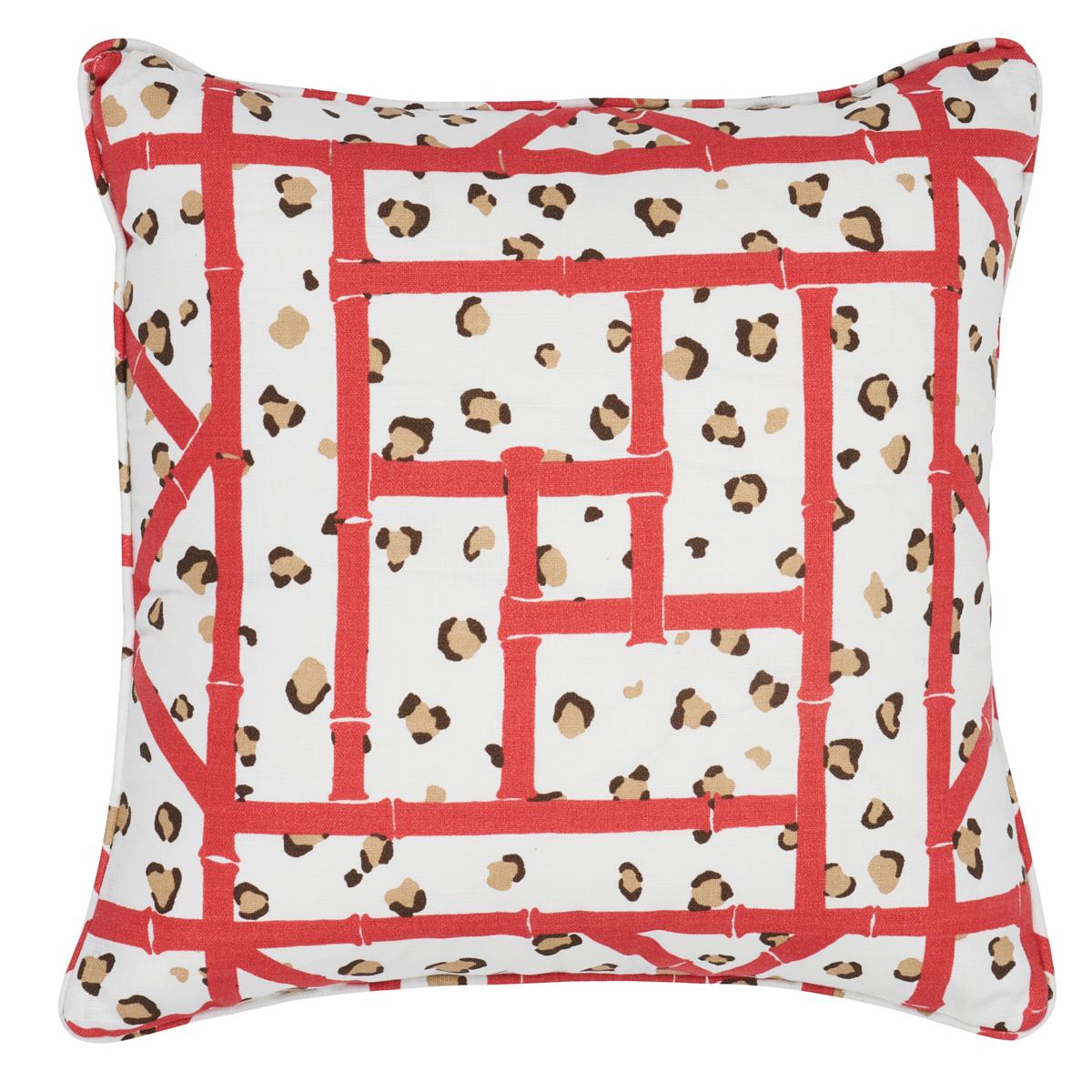 This pillow features Fancy Beasts Indoor/Outdoor with a knife edge finish. An imaginative take on familiar motifs, this stylish fabric features a chic combination of bamboo lattice and leopard spots. Pillow includes a polyfill insert and hidden