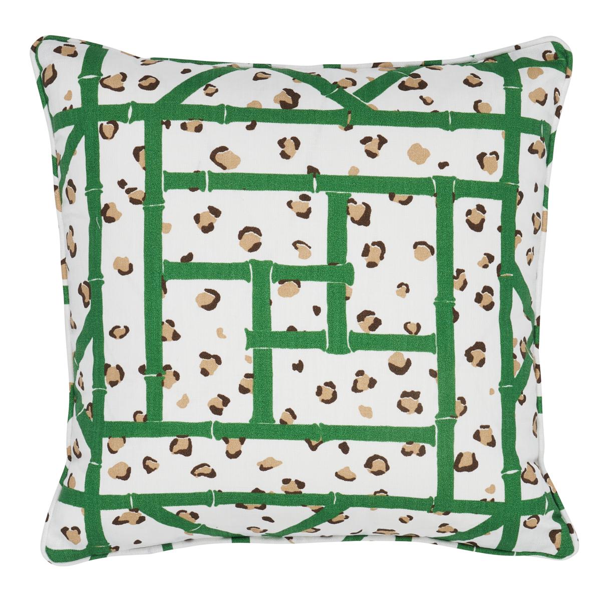 This pillow features Fancy Beasts Indoor/Outdoor with a knife edge finish. An imaginative take on familiar motifs, this stylish fabric features a chic combination of bamboo lattice and leopard spots. Pillow includes a polyfill insert and hidden