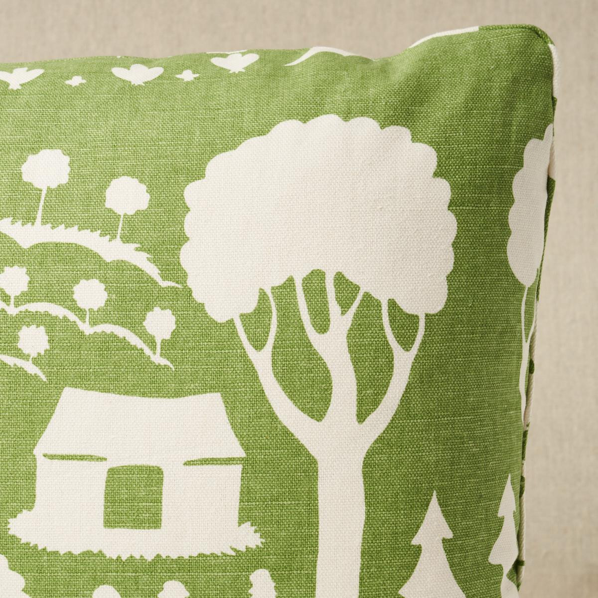 This pillow features Farm Scene with a self welt finish. Inspired by a midcentury design in our archive, Farm Scene in green is a cheerful, charming celebration of country life. A stylized silhouetted landscape, this animated mid-scale pattern has