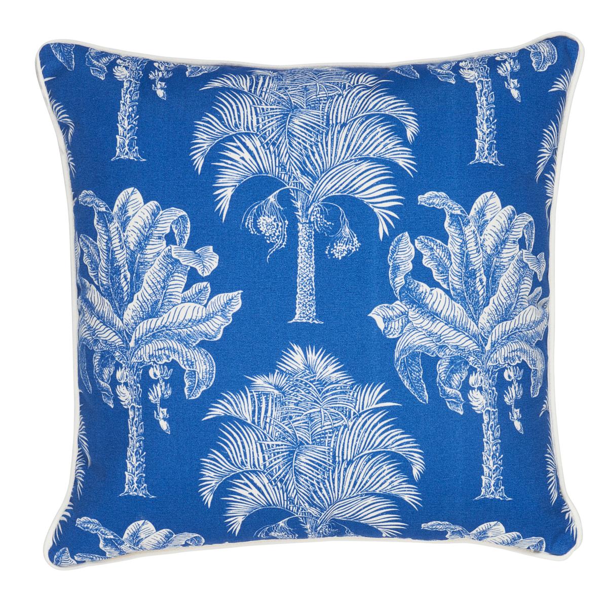 This pillow features Grand Palms Indoor/Outdoor. Featuring fabulous palm trees scaled to fit beautifully on pillows, Grand Palms Indoor/Outdoor in navy is a wonderfully versatile design with tropical flair. Pillow is finished with a welt in Eubie