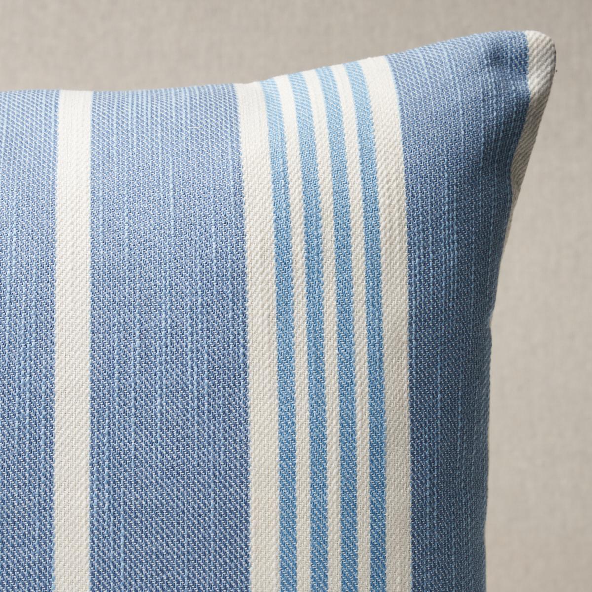 This pillow features Hampton Stripe Indoor/Outdoor by Mary McDonald for Schumacher with a knife edge finish. Smart and sturdy, Hampton Stripe Indoor/Outdoor in pool is a wonderfully versatile fabric design by Mary McDonald. The slubby