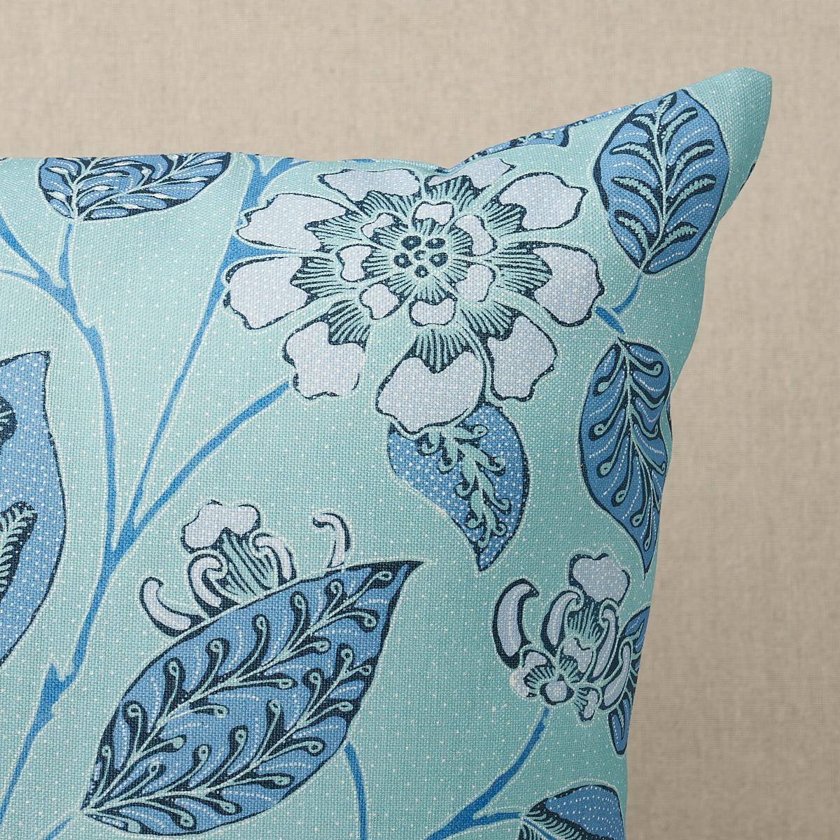 This pillow features Kava Cay Indoor/Outdoor with a knife edge finish. A loose, leafy floral inspired by a vintage batik, Kava Cay Indoor/Outdoor in blues is a beautifully detailed mid-scale pattern with the look of a traditional resist-dyed
