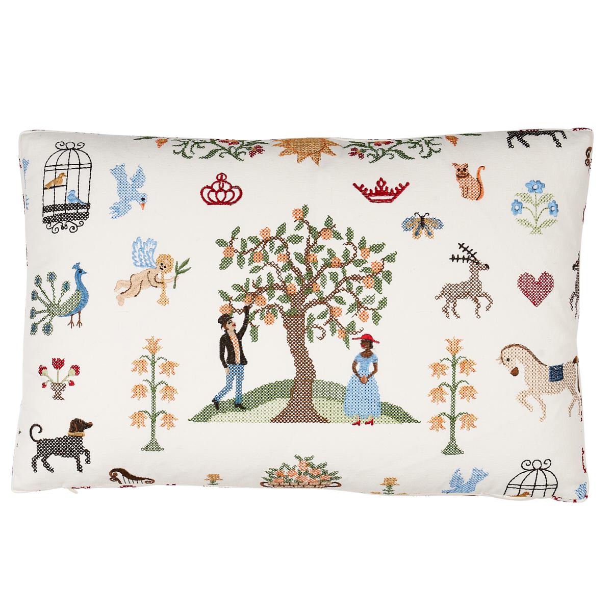 This pillow features Merrifield Sampler with a box edge finish. Based on hand-drawn art created in our studio and inspired by early American samplers, this embroidered design is animated by charming cross-stitched elements, from buildings and