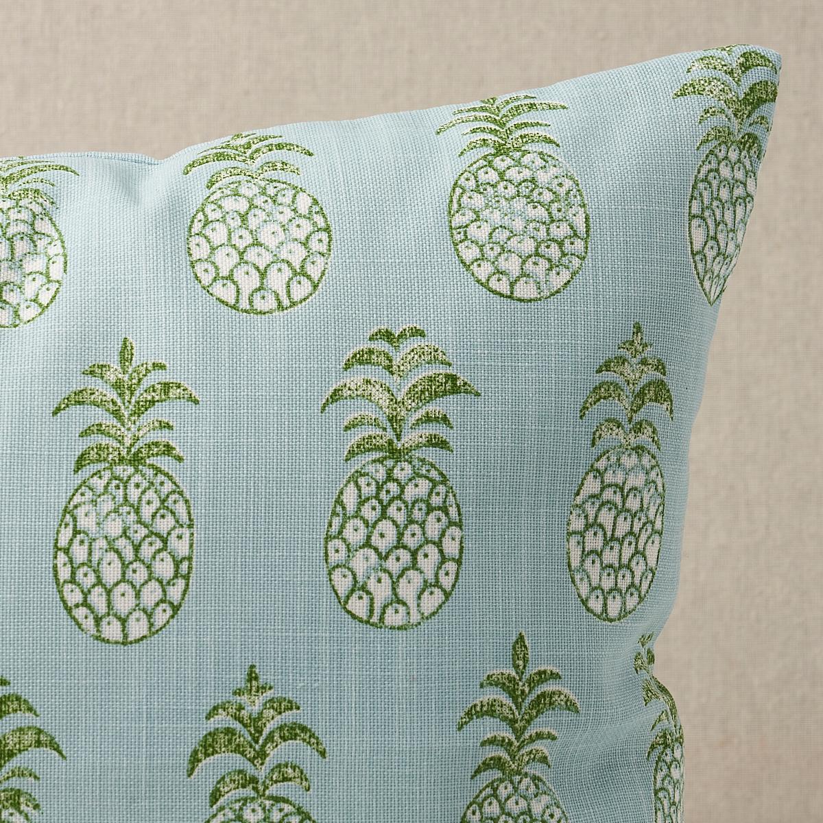This pillow features Piña Cove Indoor/Outdoor with a knife edge finish. Based on hand-drawn artwork from our studio, Pina Indoor/Outdoor in aquamarine is a charming pineapple pattern with the look of a traditional block print. Pillow includes a