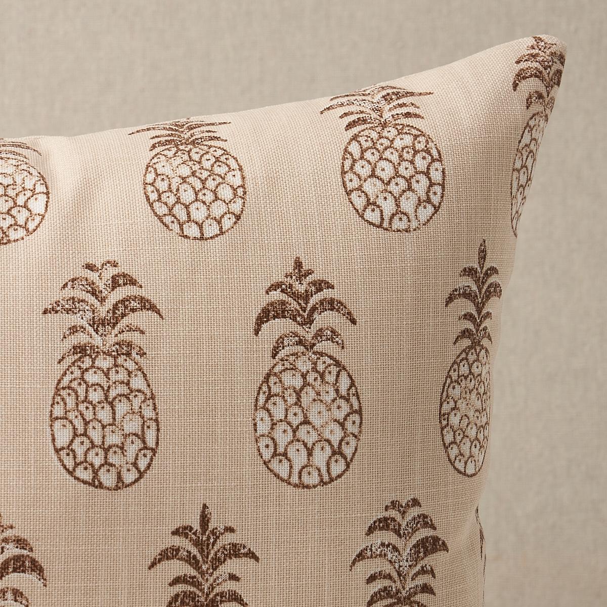 This pillow features Piña Cove Indoor/Outdoor with a knife edge finish. Based on hand-drawn artwork from our studio, Pina Indoor/Outdoor in coconut is a charming pineapple pattern with the look of a traditional block print. Pillow includes a