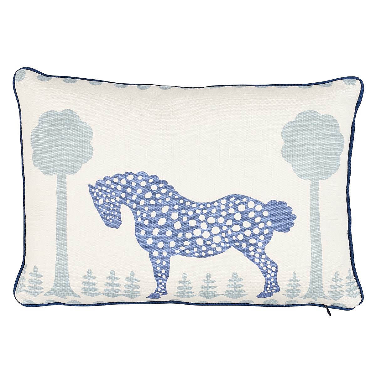 This pillow features Polka Dot Pony. Inspired by a midcentury pattern in our archive, Polka-Dot Pony in blue is a charming, whimsical design with modern appeal. Rows of stylized equine silhouettes create a large-scale stripe effect with the graphic