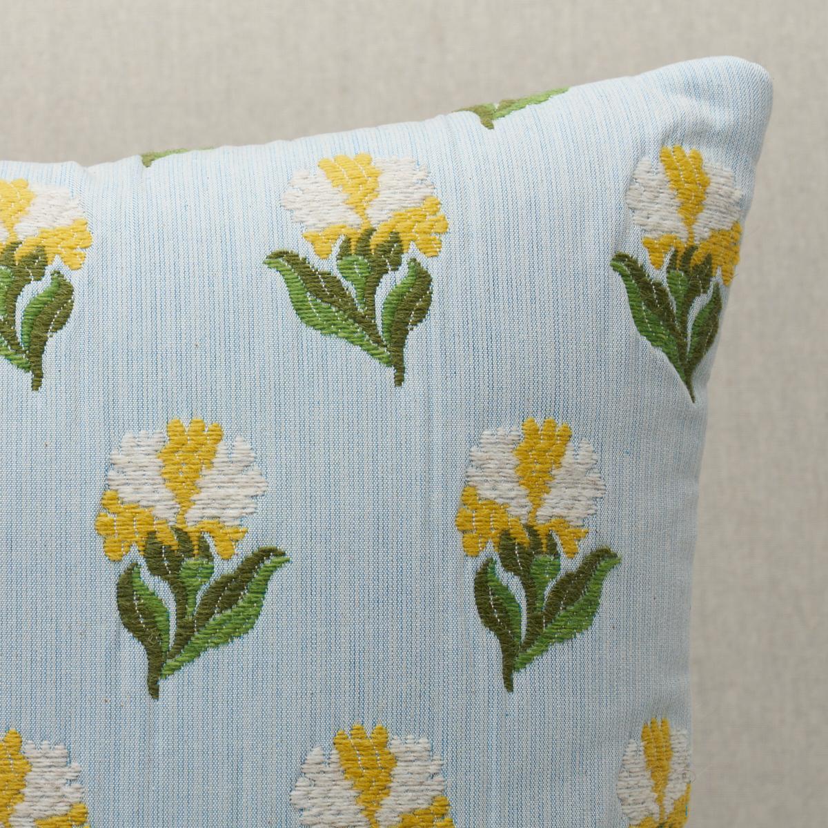 This pillow features Rosina Floral with a knife edge finish. Featuring a unique woven rosebud pattern, Rosina Floral in cornflower is an appealing dimensional design with an embroidered look. Pillow includes a feather/down fill insert and hidden
