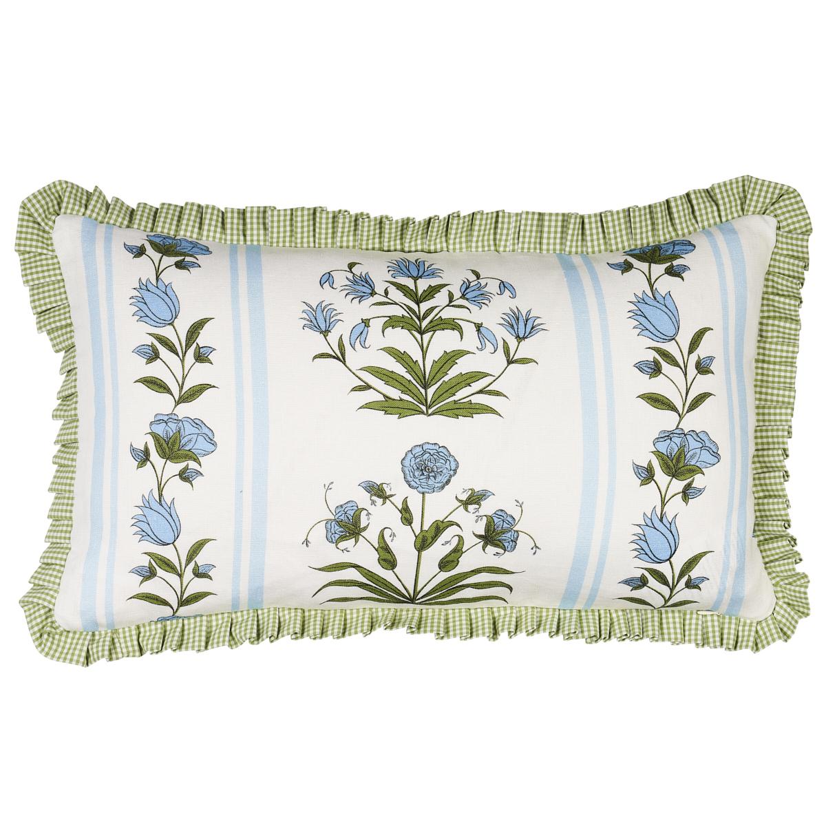 This pillow features Royal Poppy Stripe by Marie-Anna Oudejans for Schumacher. Inspired by Dutch simplicity and traditional Indian flower motifs, Jaipur, India–based decorative painter Marie-Anne Oudejans created Royal Poppy Stripe in sky as a