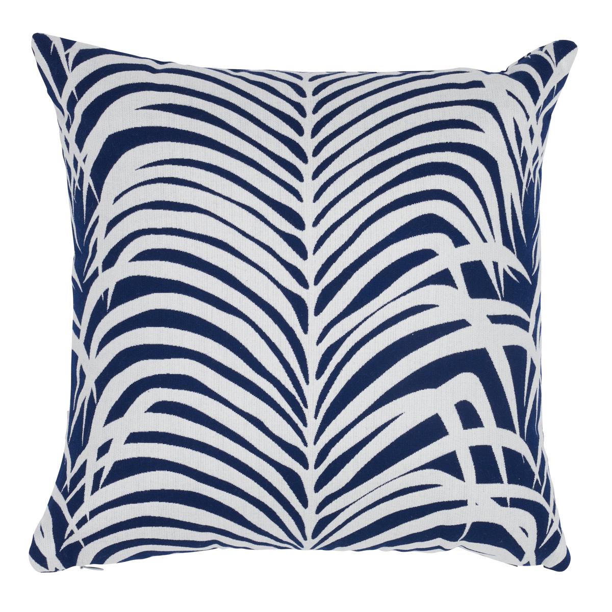 This pillow features Zebra Palm Indoor/Outdoor with a knife edge finish. Inspired by one of our most popular tropical patterns, Zebra Palm Indoor/Outdoor in navy is a chic mid-scale textural design. Pillow includes a polyfill insert and hidden
