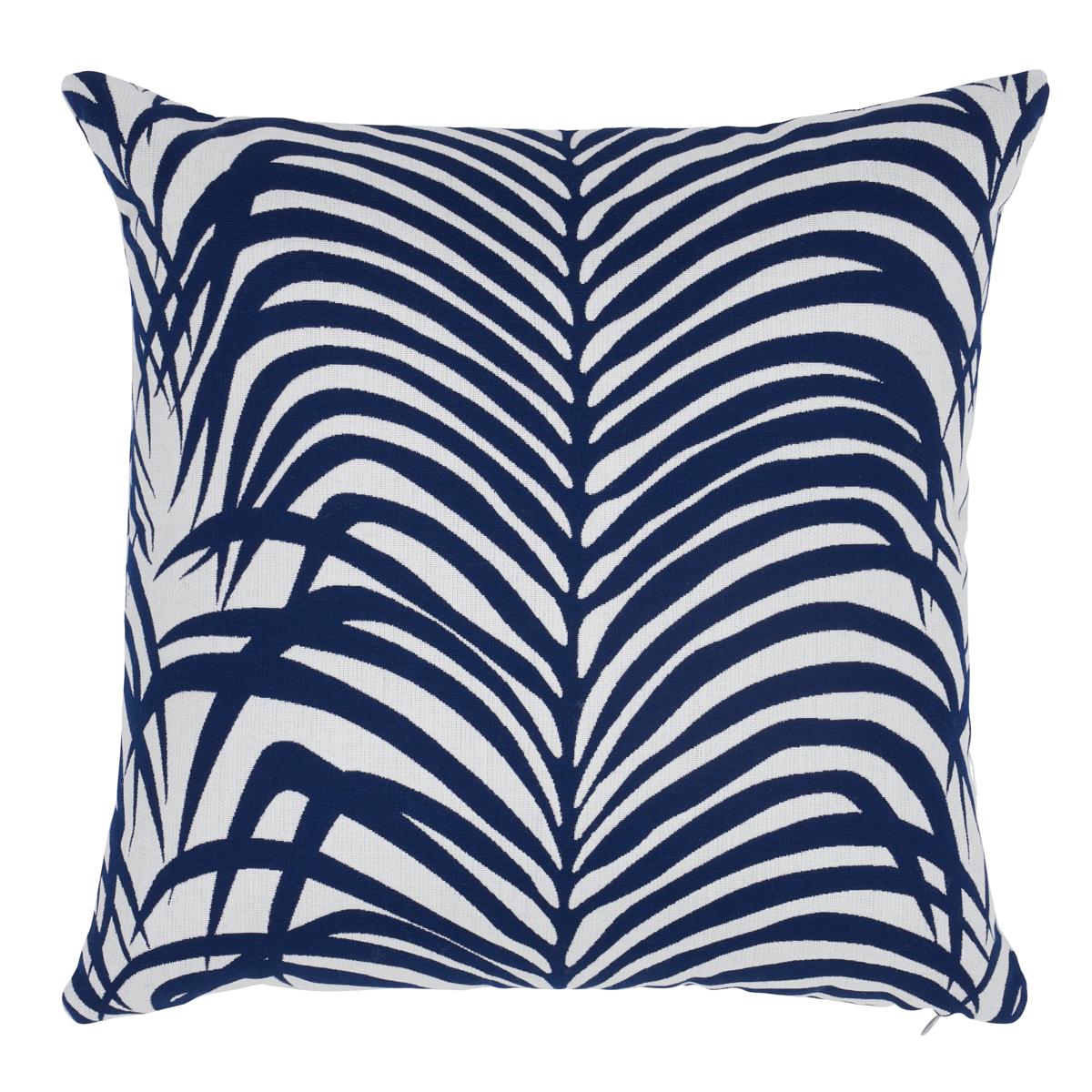 Schuamcher Zebra Palm I/O 16" Pillow in Navy For Sale