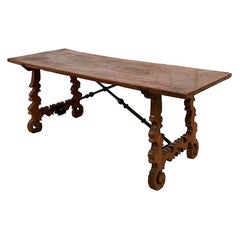 Schumacher 18th Century Spanish Walnut Table with Lyre Legs and Iron Struts