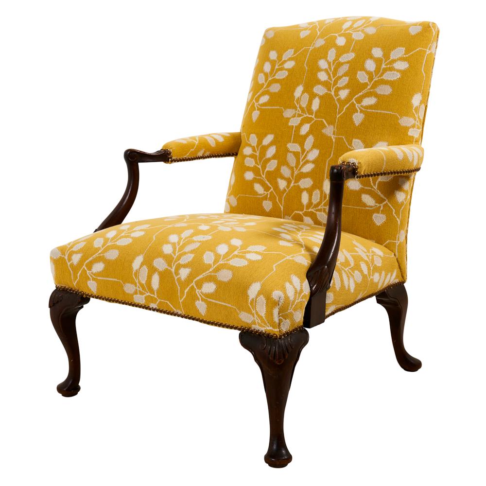 Introducing a glamorous 1920's Open Arm Chair, Mahogany Frame, Upholstered in Schumacher Tumble Weed Epingle by Neisha Crosland.  This elegant 1920's Open arm chair is the perfect addition to any room!  This vintage arm chair is upholstered in our