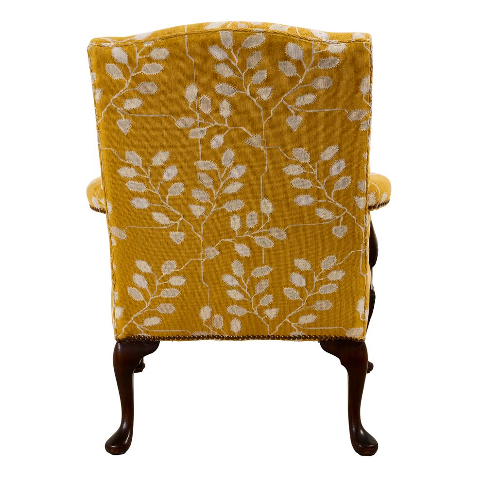 Early Victorian 1920's Open Arm Chair, Mahogany Frame, Upholstered in Schumacher Tumble Weed