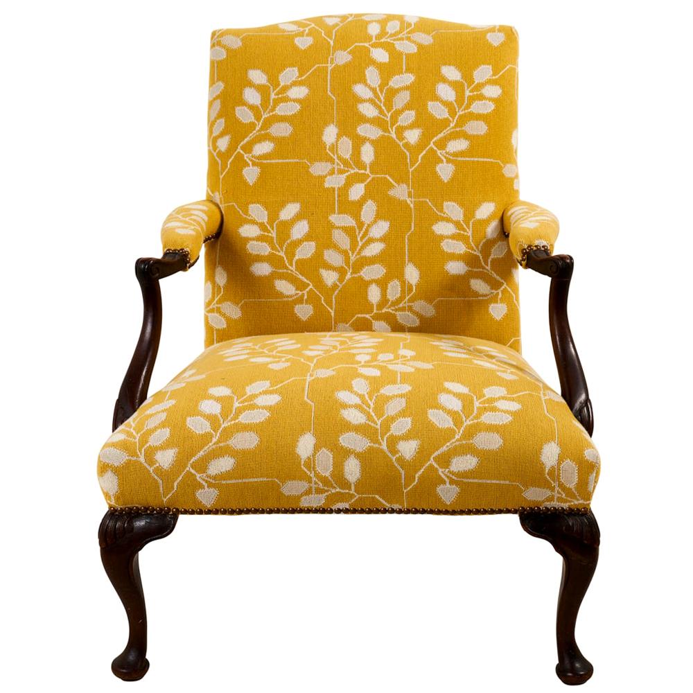 1920's Open Arm Chair, Mahogany Frame, Upholstered in Schumacher Tumble Weed