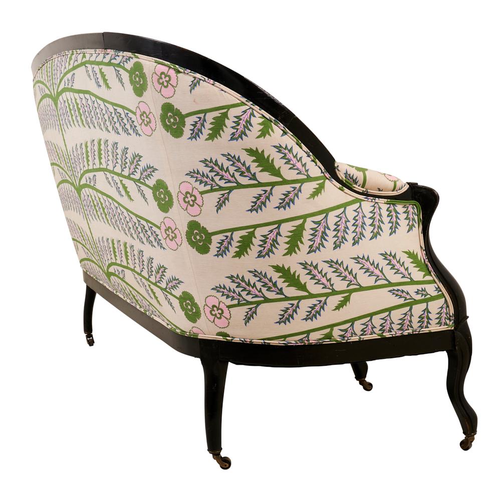 French Provincial 19th Century French Ebonized Canape, Upholstered in Schumacher Thistle Fabric
