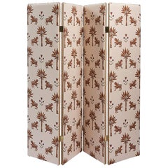 Schumacher 4-Panel "Tiger Palm" Upholstered Screen with Brass Nailhead Detail