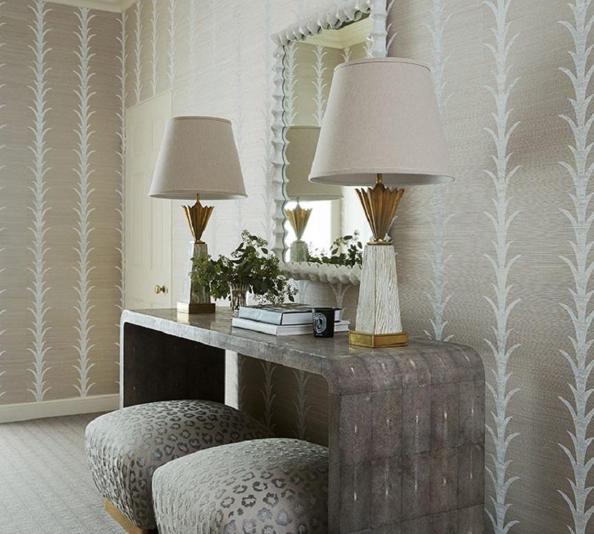 Schumacher Acanthus Stripe Sisal Wallpaper In Fog & Chalk In New Condition For Sale In New York, NY