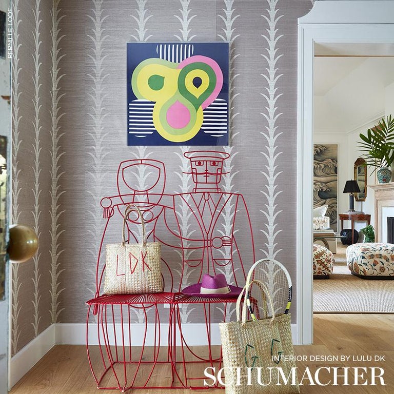 Schumacher Acanthus Stripe Sisal Wallpaper In Haze For Sale at 1stDibs