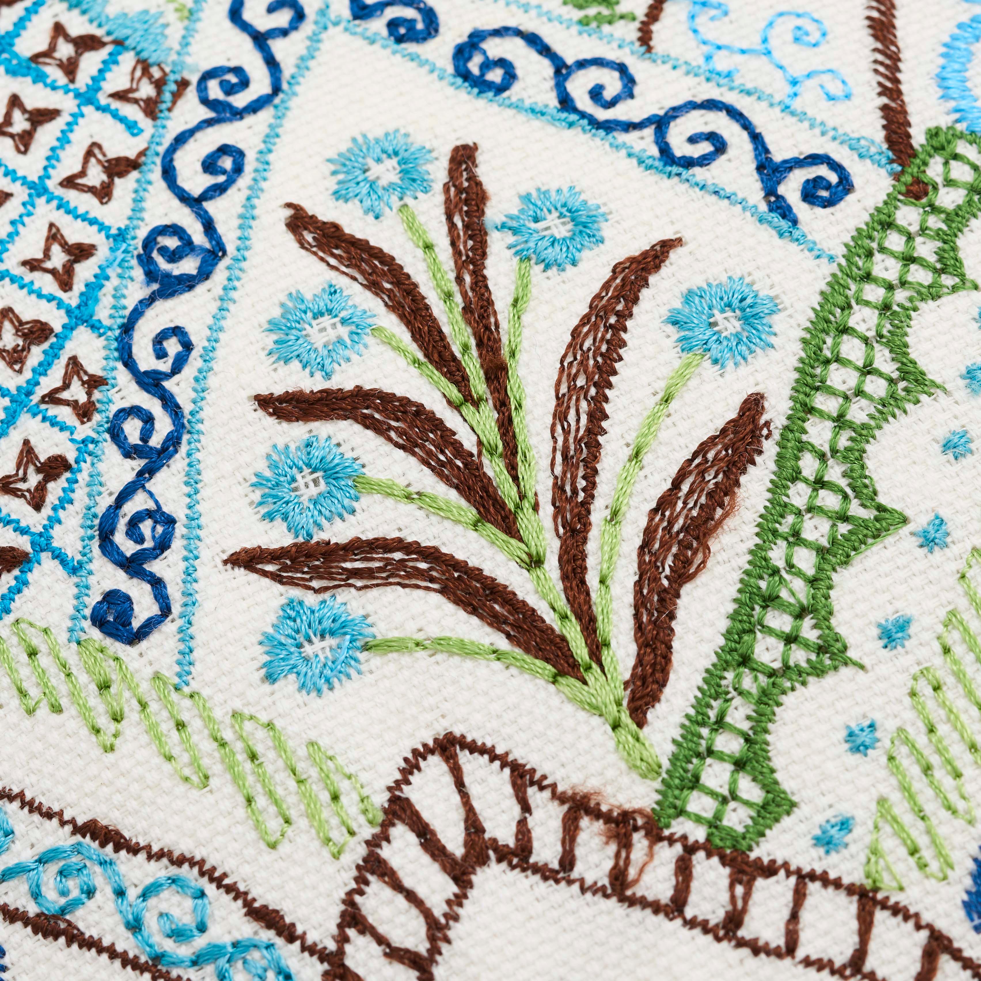 Moderne Coussin Albizia en lin et coton avec broderie bleue et verte sur les deux faces, Schumacher en vente