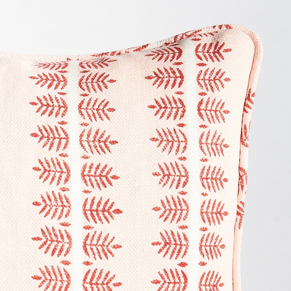 This pillow features Alva Hand Block Print with a Self Welt finish. The vertical stripes in the hand-woven fabric are adorned with block-printed rows of feathery, fern-like leaves for a charming effect. Pillow includes a feather/down fill insert and