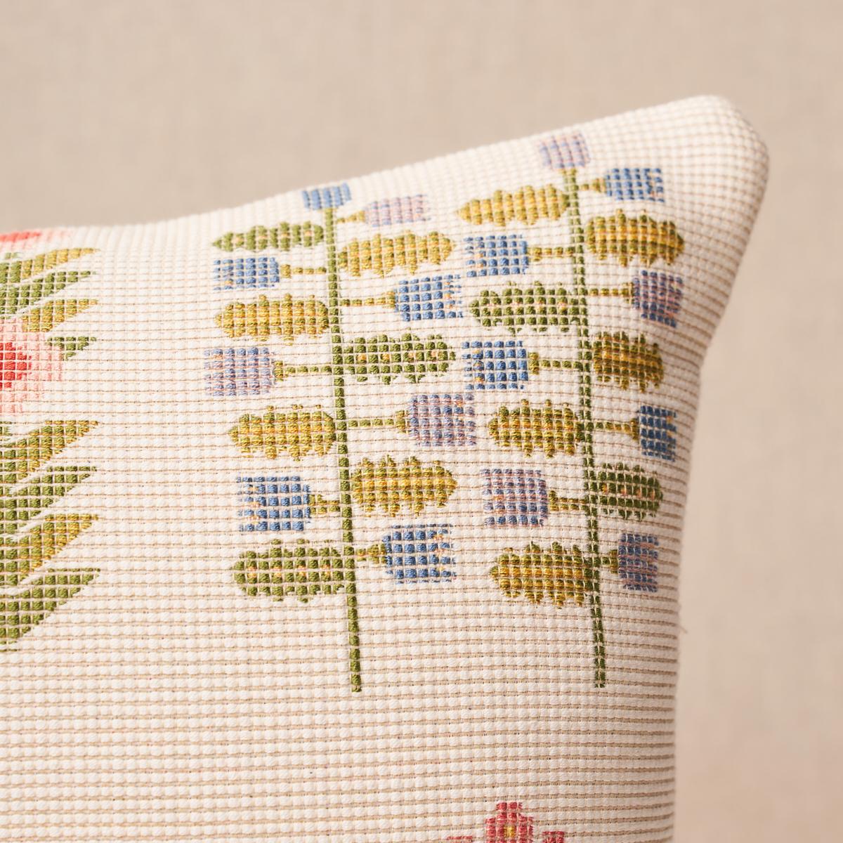 This pillow features Annika Floral Tapestry with a knife edge finish. Based on original artwork that was hand-drawn in our studio, Annika Floral Tapestry in multi-on-ivory derives its charm and geometric simplicity from early 20th-century Swedish