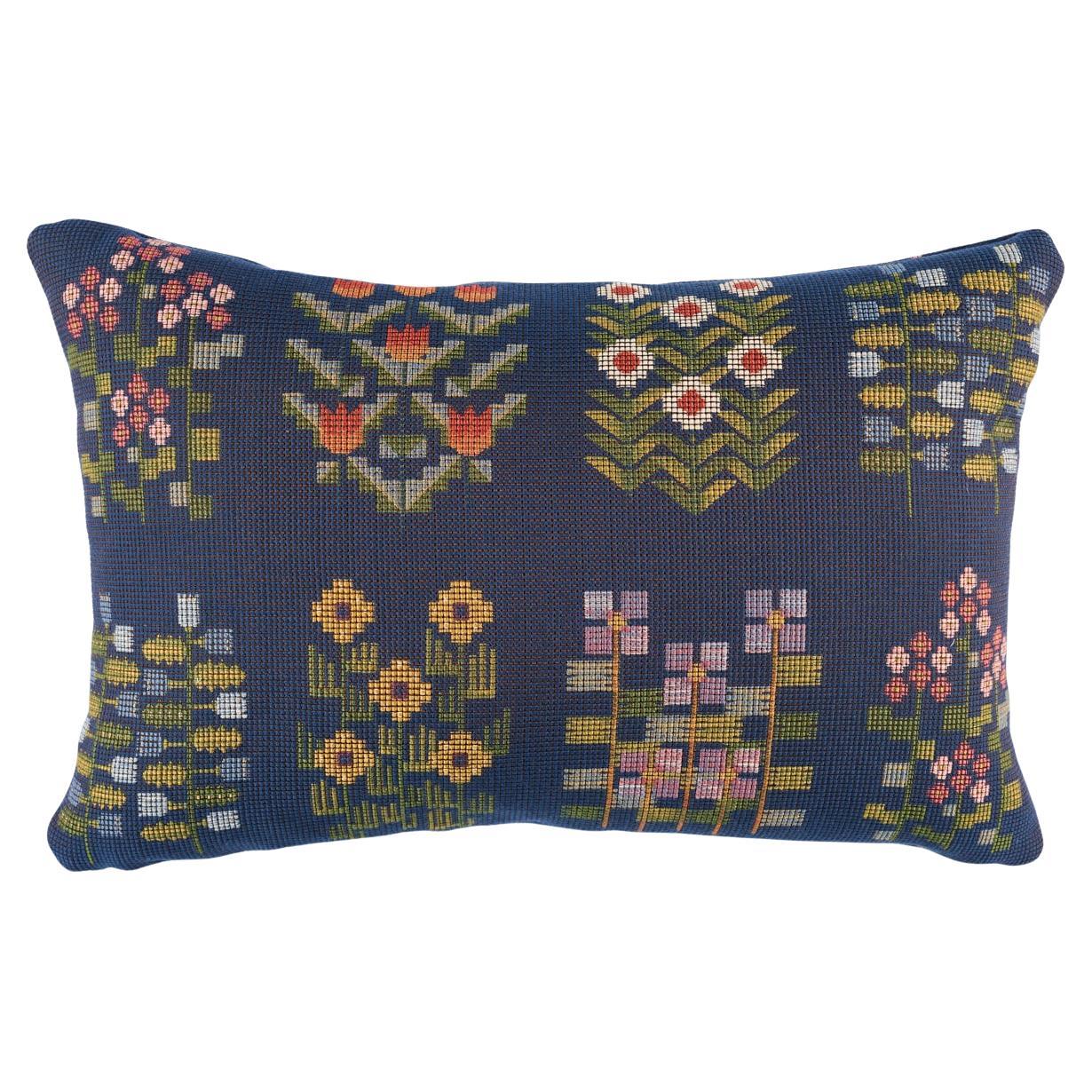 Schumacher Annika Floral Tapestry Pillow 18x12" in Multi on Navy For Sale