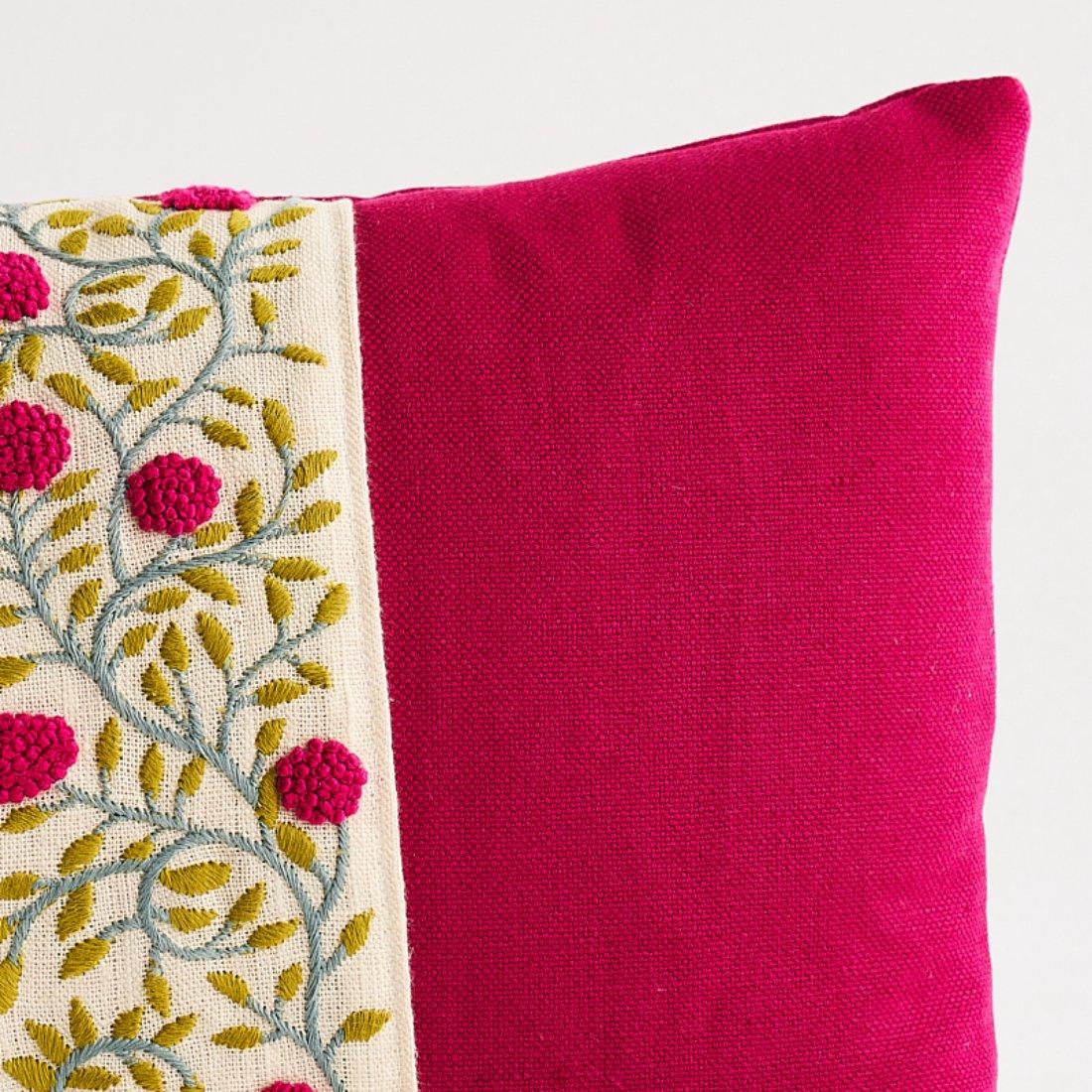This pillow features Ashoka Tape with a knife edge finish. With a winding, embroidered floral design accentuated with French Knots, Ashoka Tape adds an element of handcrafted beauty. Body of pillow is Piet Performance Linen. Pillow includes a