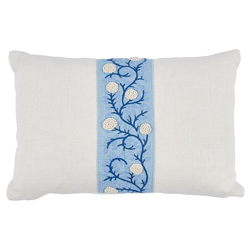 Schumacher Ashoka Lumbar Pillow in Ivory & Blue For Sale