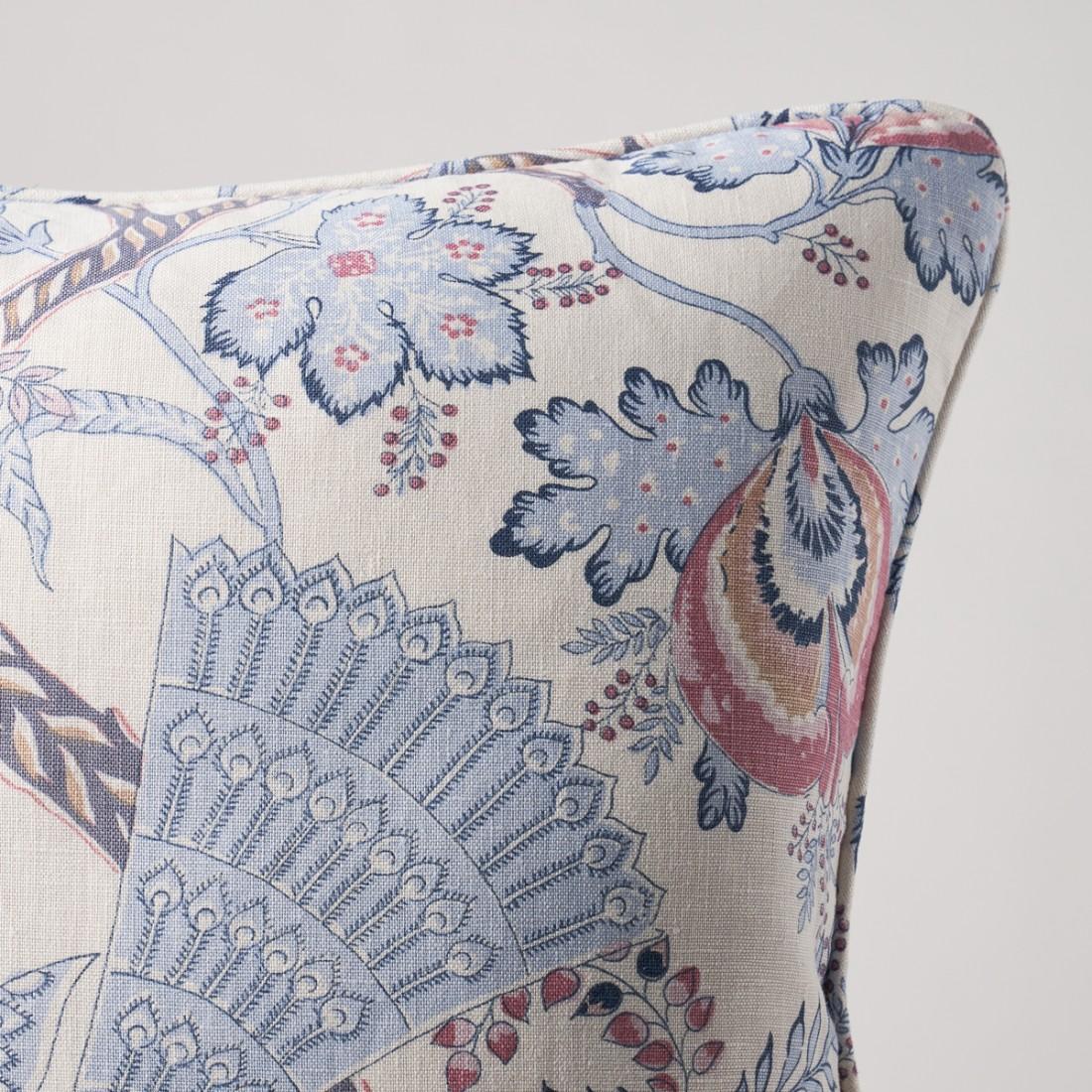 This pillow features Aveline Linen with a self welt finish. Aveline Linen in lilac is a beautiful handprinted fabric inhabited by regal peacocks and an undulating flowering vine, both rendered with fanciful, delicate details. Inspired by