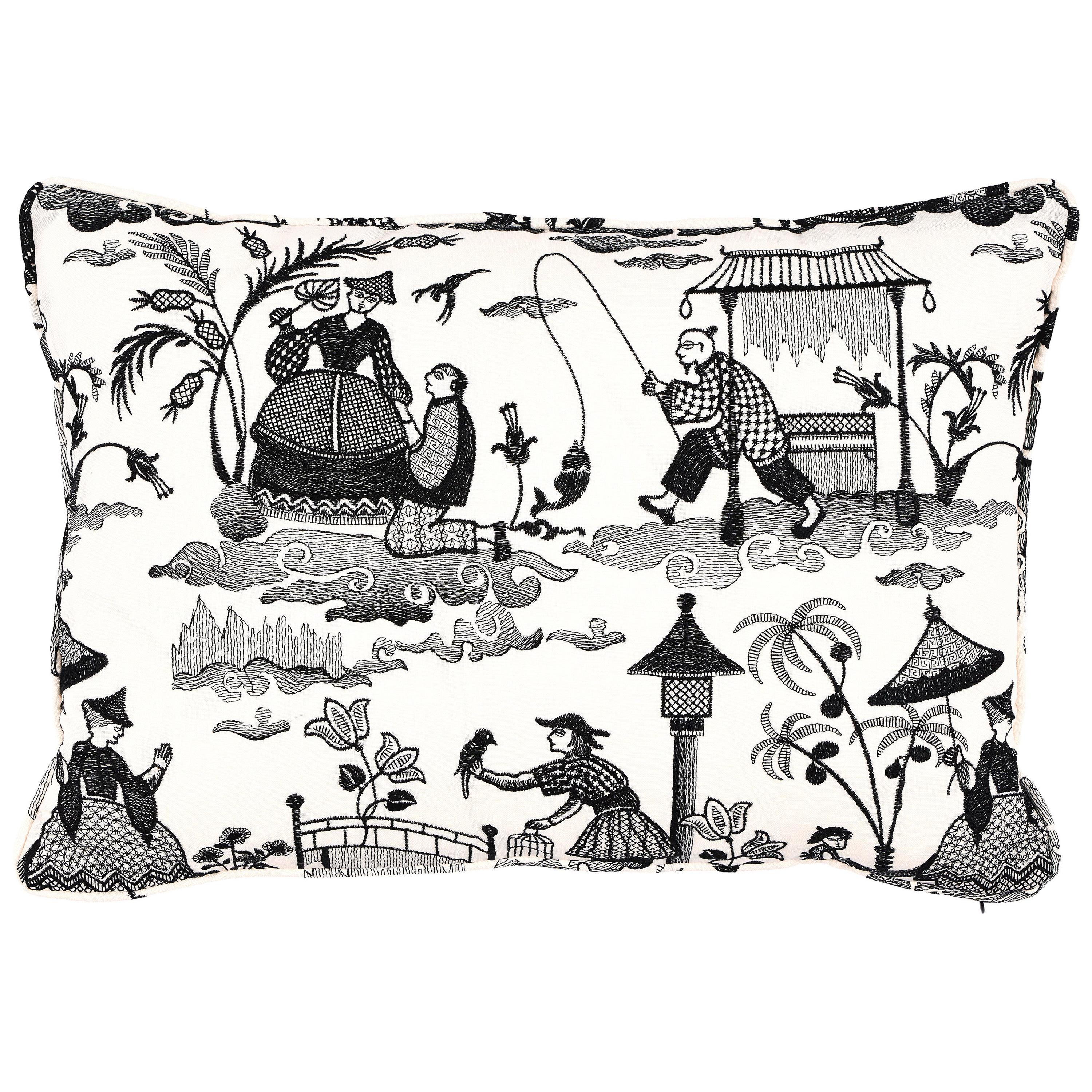 Schumacher Bassano Embroidered Toile Pillow in Black For Sale