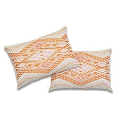 Schumacher Bayeta Embroidery Pink Orange Two-Sided Linen Lumbar Pillow