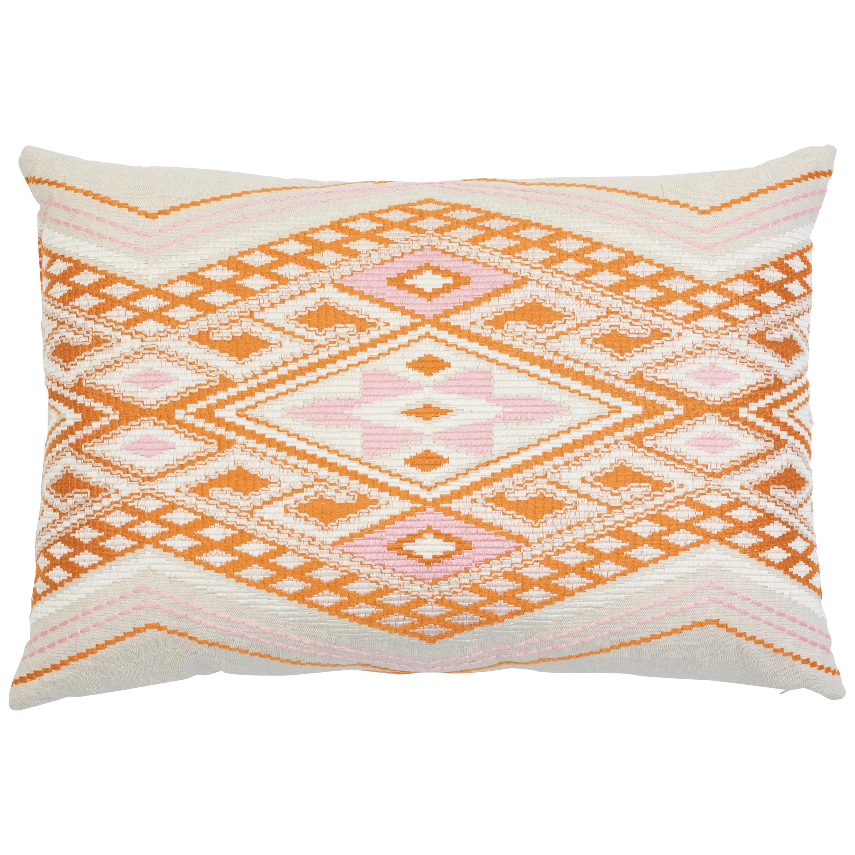 Schumacher Bayeta Embroidery Pink Orange Two-Sided Linen Lumbar Pillow