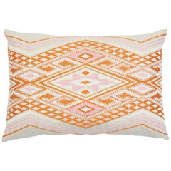 Schumacher Bayeta Embroidery Pink Orange Two-Sided Linen Lumbar Pillow