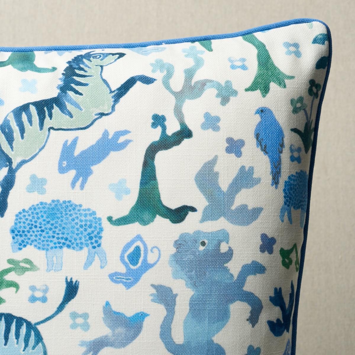 This pillow features Beasts Indoor/Outdoor by Happy Menocal. Happy Menocal's Beasts Indoor/Outdoor is animated by a carnival of exotic creatures and fanciful flora. This imaginative performance fabric has wonderful tonal variations and a charming