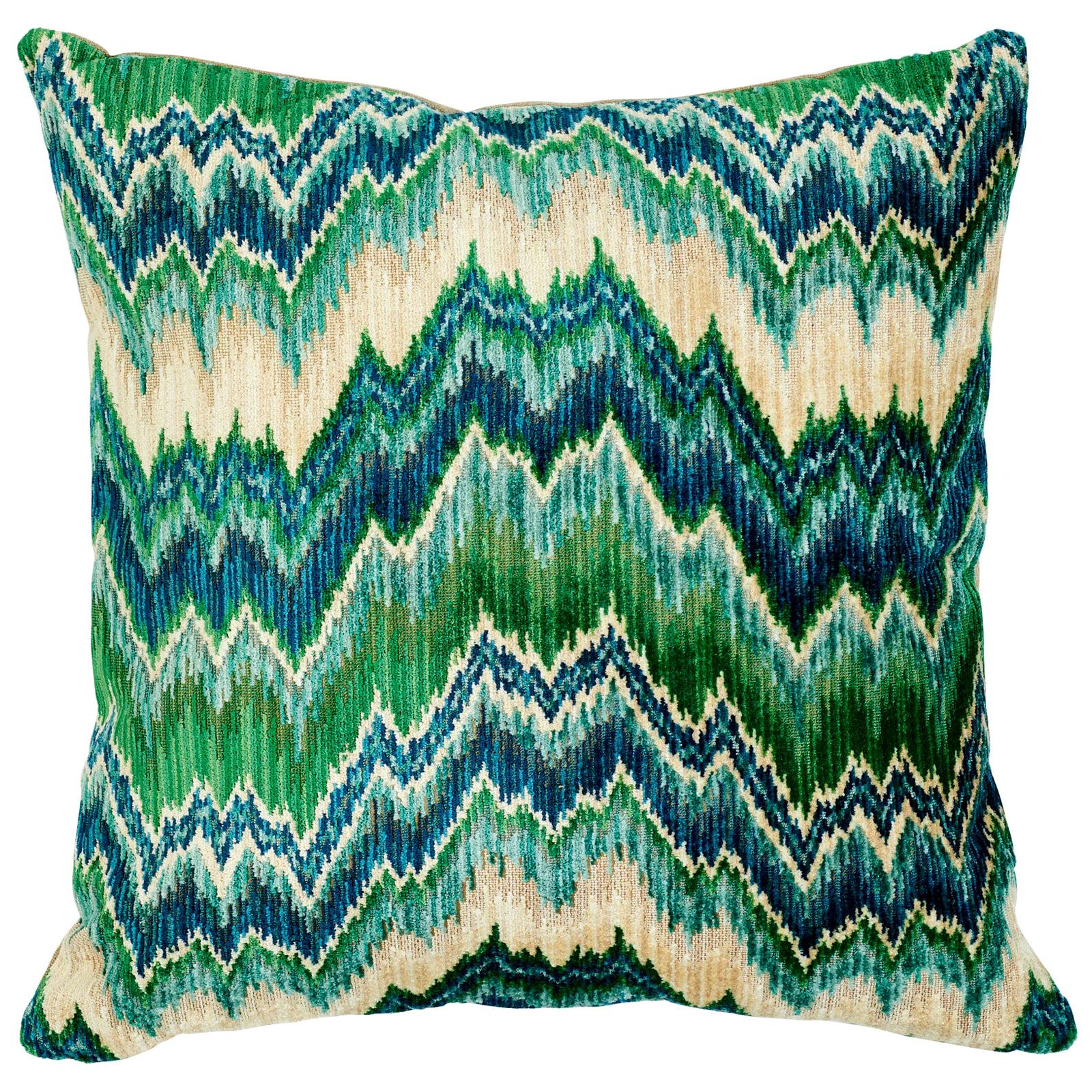 Schumacher Bezique Flamestitch Blue Green Velvet Linen Pillow For Sale
