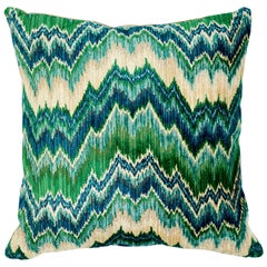 Vintage Schumacher Bezique Flamestitch Blue Green Velvet Linen Pillow