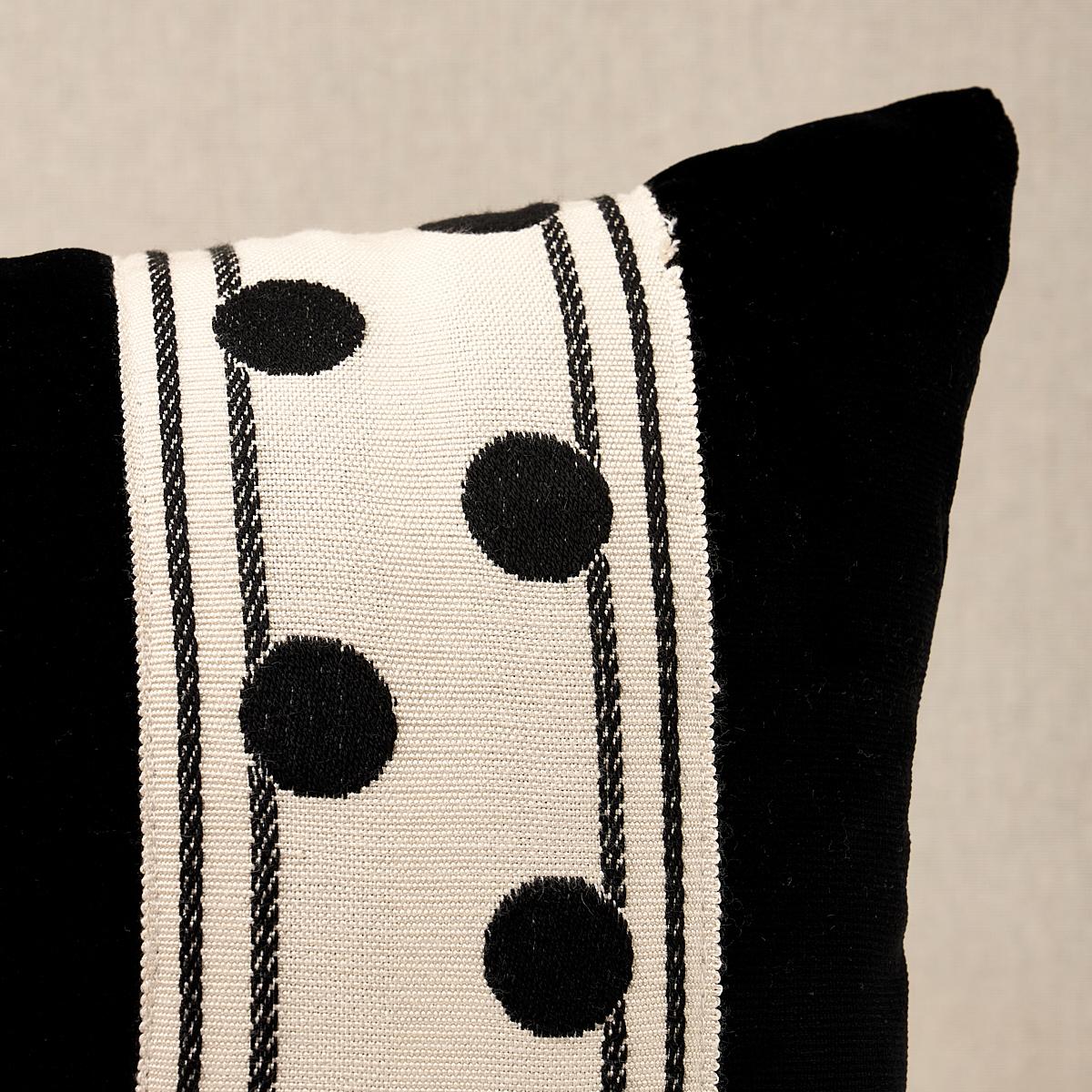This pillow features Bianca Tape with a knife edge finish. An appealing combination of pinstripes and metallic dots gives Bianca Tape in ivory noir fun and fabulous flair. Body of pillow is Rocky Performance Velvet. Pillow includes a feather/down