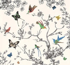 Schumacher Birds & Butterflies Hand-Printed Multi White Wallpaper