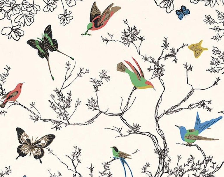 Schumacher Birds and Butterflies Hand-Printed Multi White Wallpaper at