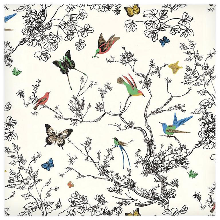 Schumacher Birds & Butterflies Hand-Printed Multi White Wallpaper
