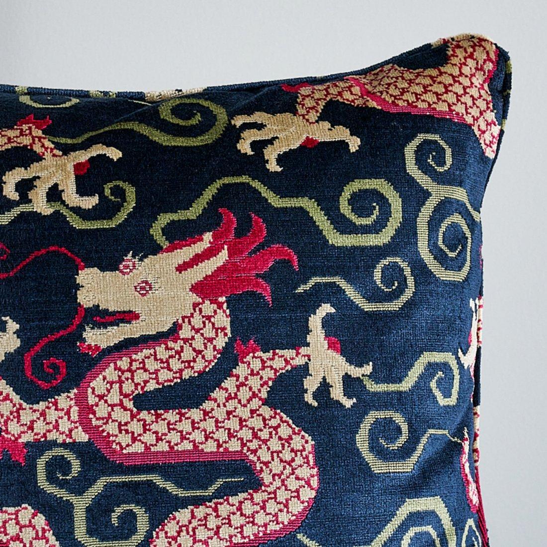 This pillow features Bixi Velvet with a Self-Welt finish. Inspired by chinoiserie motifs, this fabulous, fantastical dragon pattern was dreamt up by our in-house design studio. Dense pile and loop accents create a rich, textural allure. Pillow