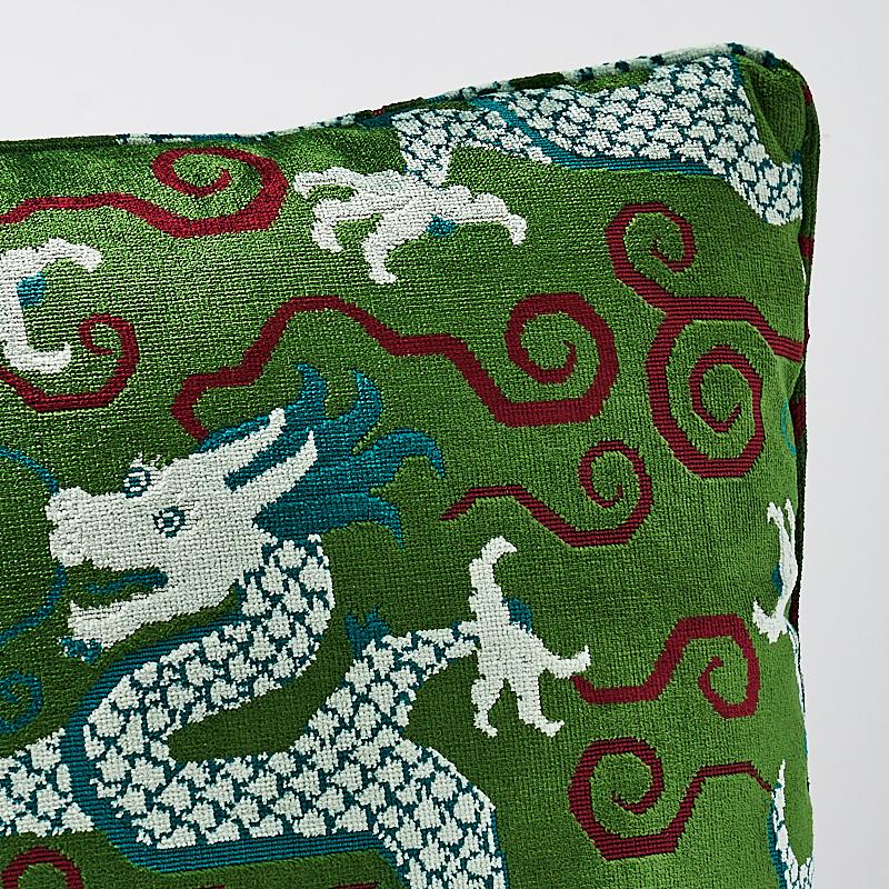 This pillow features Bixi Velvet Fabric (Item# 73971, BIXI VELVET) with a Self-Welt finish. Inspired by chinoiserie motifs, this fabulous, fantastical dragon pattern was dreamt up by our in-house design studio. Dense pile and loop accents create a