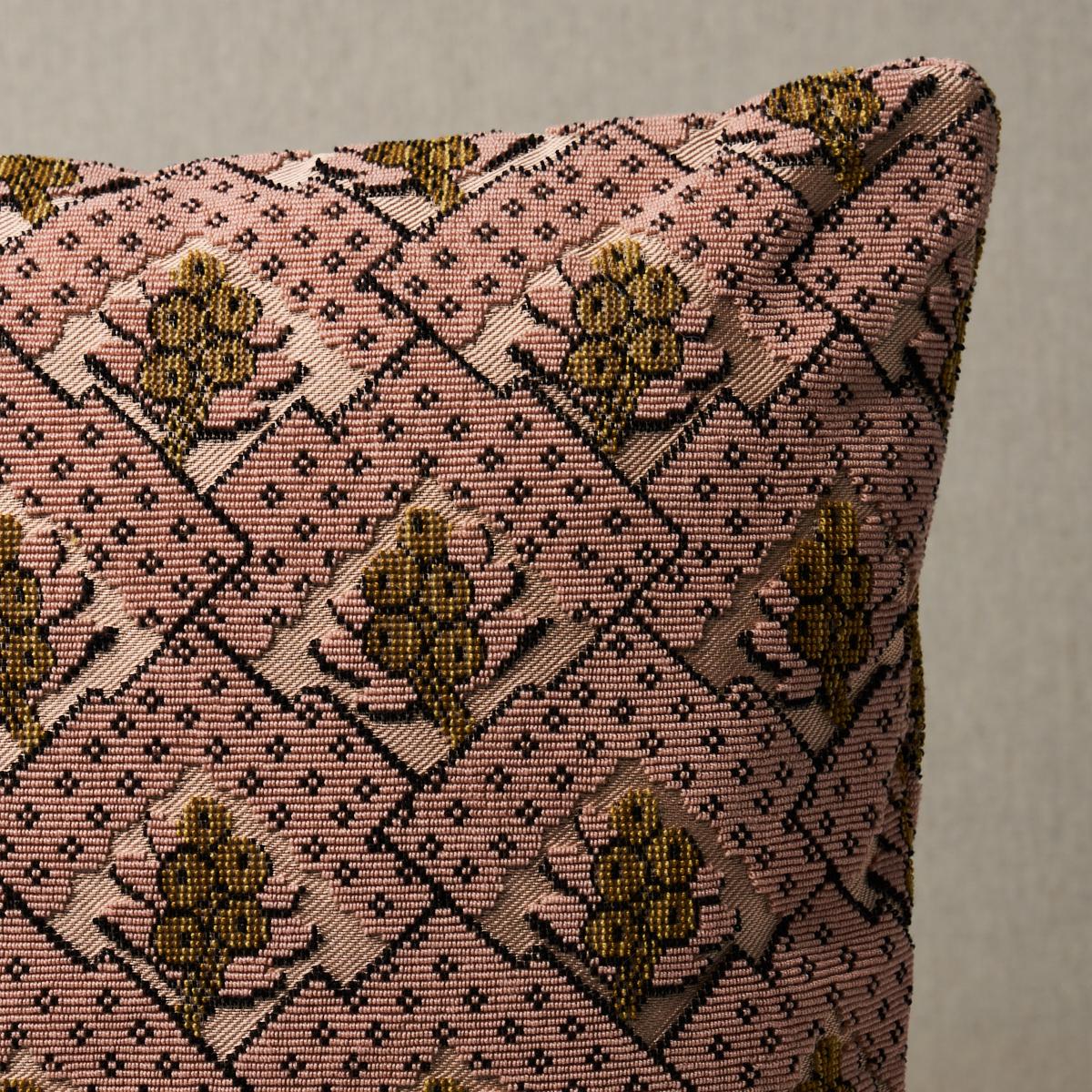 This pillow features Blair Silk Épinglé with a knife edge finish. A truly extraordinary velvet derived from a fragment of an 18th-century men's suit worn in Williamsburg, Wythe rose-colored Blair Silk Epinglé features a unique textural pattern made