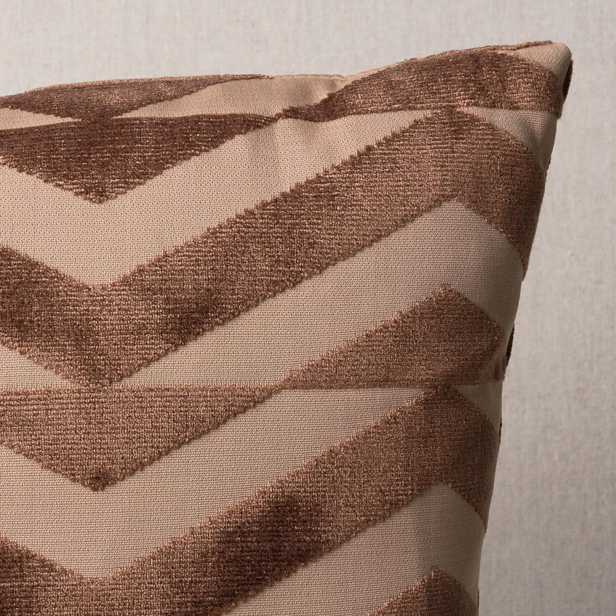 This pillow features Broken Chevron Cut Velvet by Miles Redd for Schumacher with a knife edge finish. Miles Redd was so charmed by a painted staircase photographed from above that he recreated it as brown-on-camel-colored Broken Chevron Velvet, a