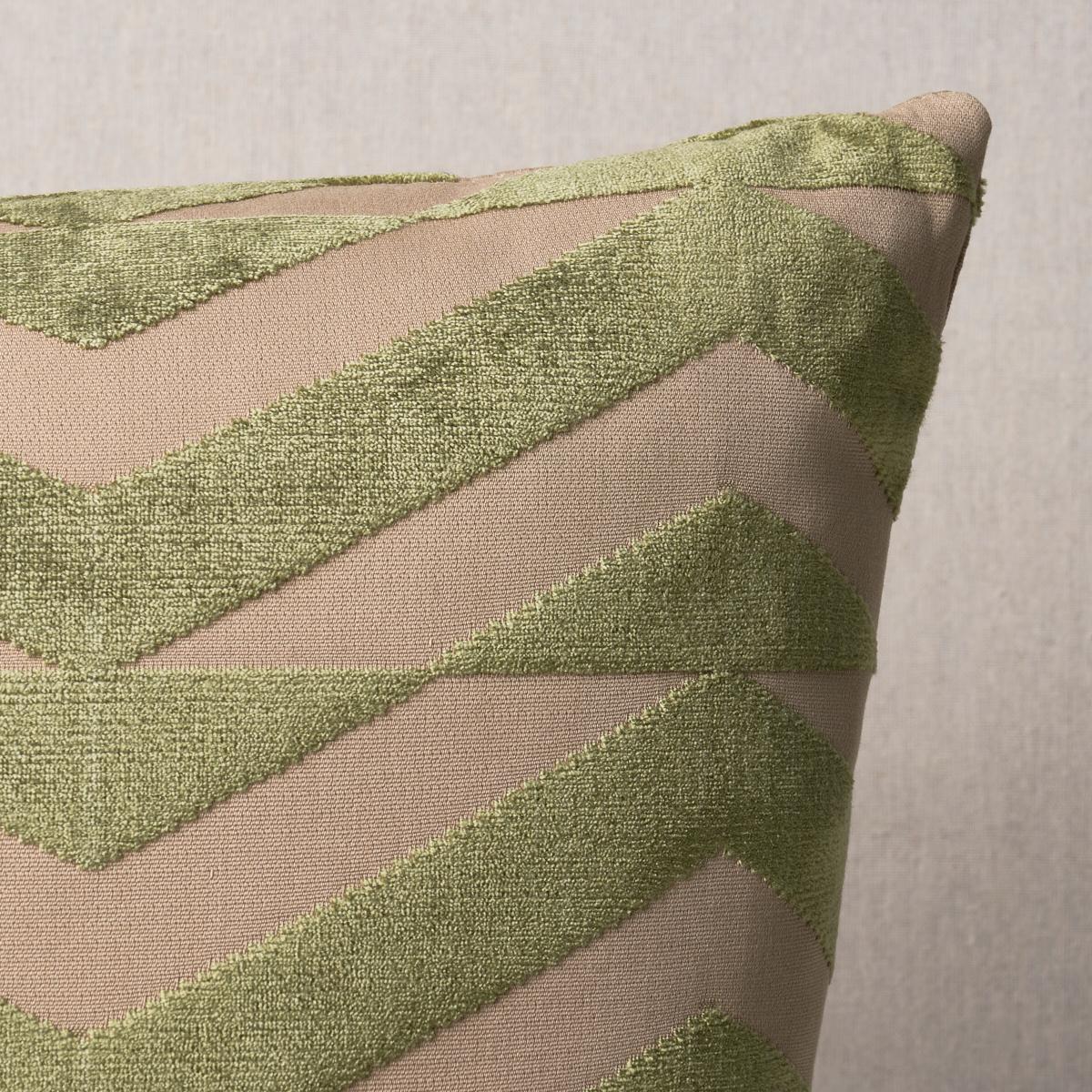 This pillow features Broken Chevron Cut Velvet by Miles Redd for Schumacher with a knife edge finish. Miles Redd was so charmed by a painted staircase photographed from above that he recreated it as olive-on-khaki-colored Broken Chevron Velvet, a