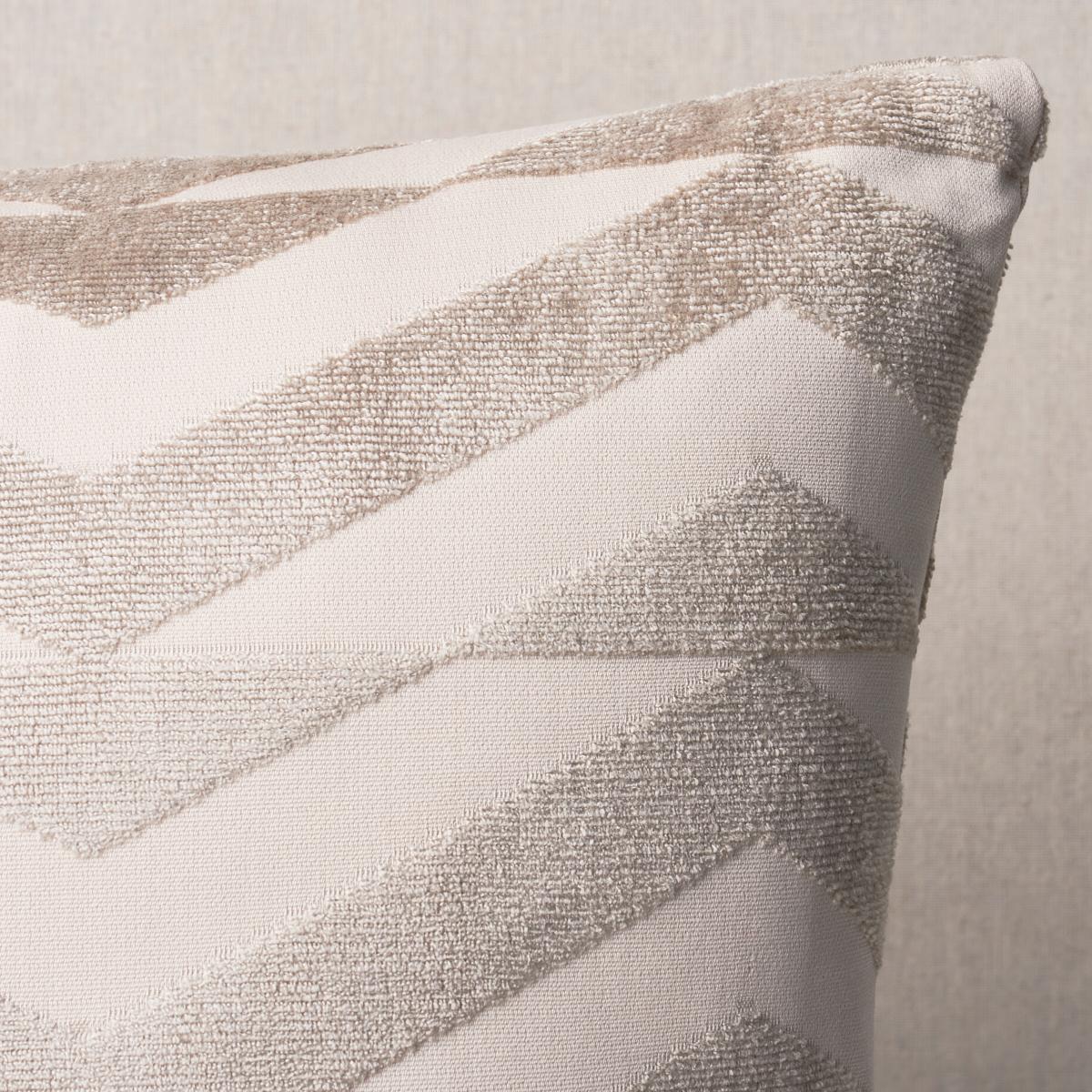 This pillow features Broken Chevron Cut Velvet by Miles Redd for Schumacher with a knife edge finish. Miles Redd was so charmed by a painted staircase photographed from above that he recreated it as taupe-on-ivory-colored Broken Chevron Velvet, a