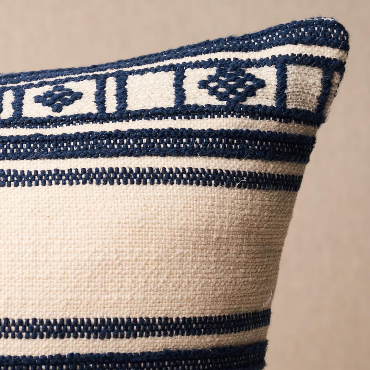 This pillow features Buena Vista with a knife edge finish. A wonderful, blanket-like woven stripe that's simple yet sophisticated, Buena Vista in indigo has a lovely hand and homespun appeal. Pillow includes a feather/down fill insert and hidden