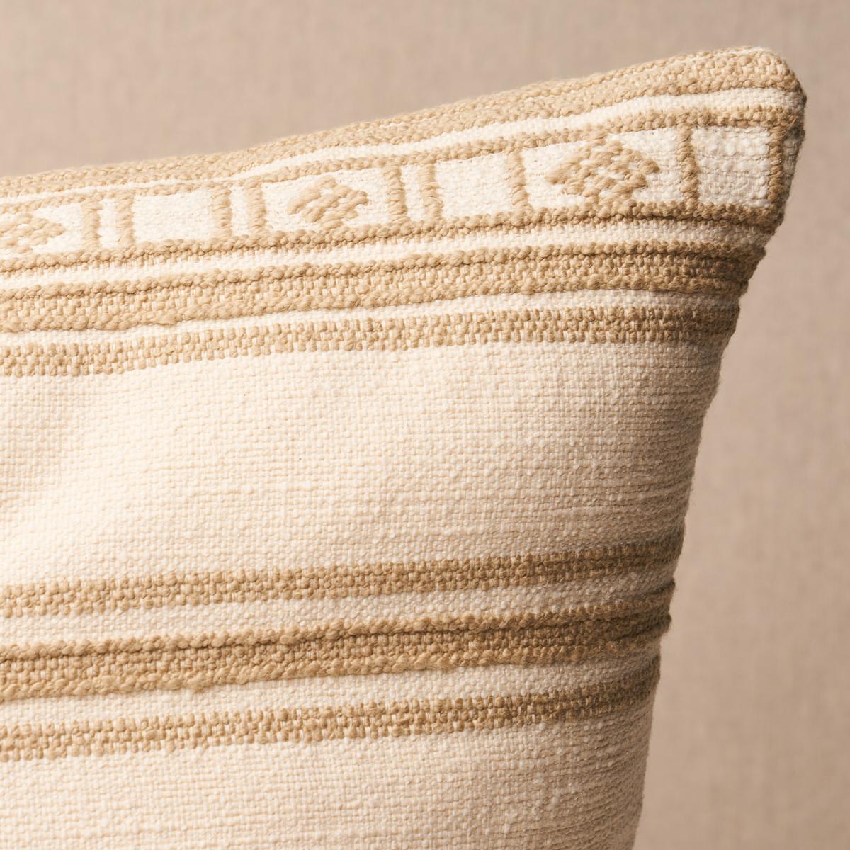 This pillow features Buena Vista with a knife edge finish. A wonderful, blanket-like woven stripe that's simple yet sophisticated, Buena Vista in wheat has a lovely hand and homespun appeal. Pillow includes a feather/down fill insert and hidden
